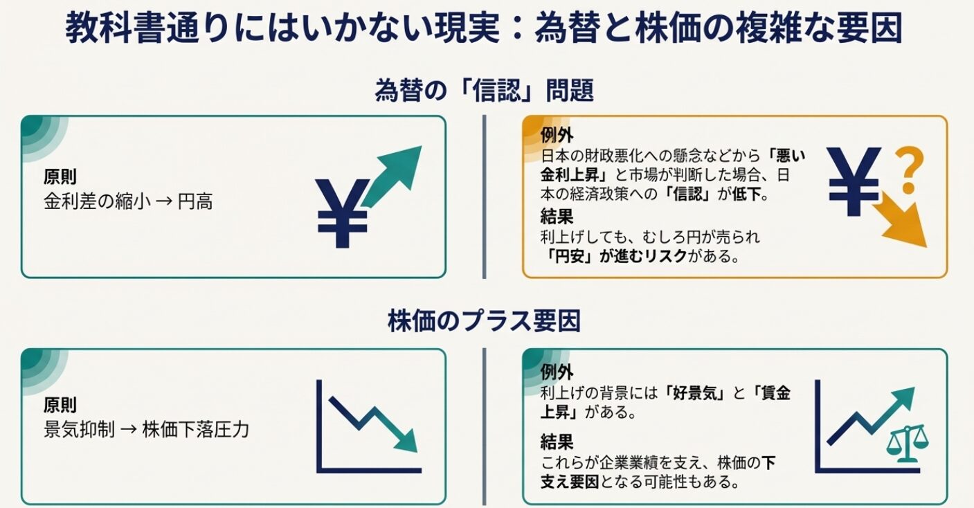 日米金利差縮小による円高圧力の原則と、日本の財政への信認低下が招く円安リスク(悪い金利上昇)を説明した図解